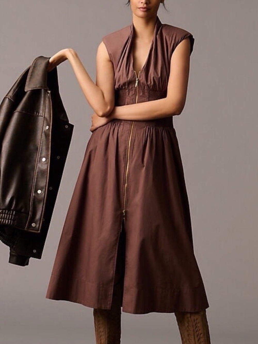 Anthropologie Chocolate Brown Zip-Front Midi Dress-Skirt